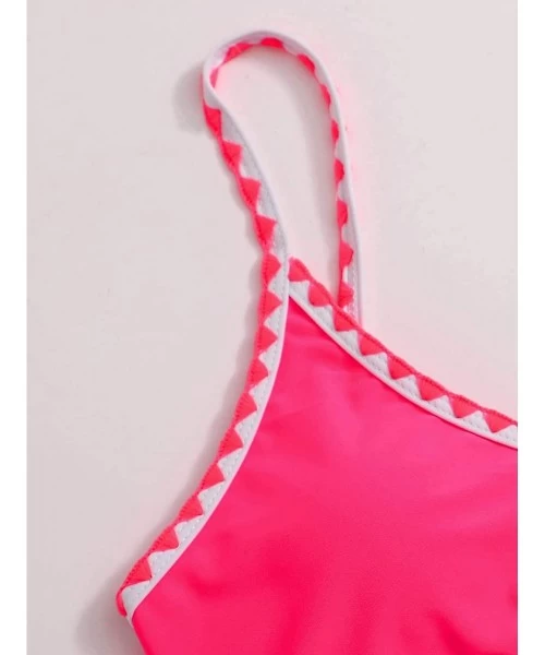 Tops Women's Contrast Binding Tie Back Top with High Cut Throng Bikini Swimsuit - Pink - CL19050LDKE