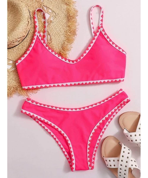 Tops Women's Contrast Binding Tie Back Top with High Cut Throng Bikini Swimsuit - Pink - CL19050LDKE