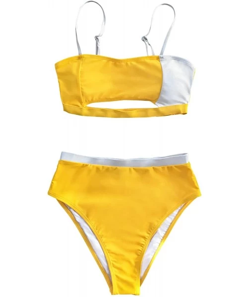 Sets Women's Yellow White Cutout High Waisted Bikini Sets - Yellow White - CY18AZAL7HC