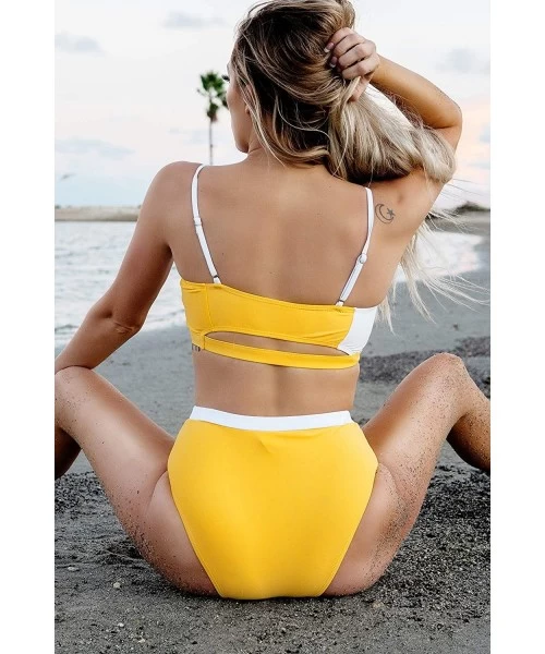 Sets Women's Yellow White Cutout High Waisted Bikini Sets - Yellow White - CY18AZAL7HC