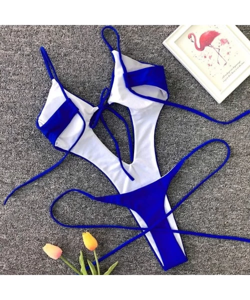 One-Pieces Womens Tie Knot Front High Waist Thong Bandage Bikini Sets Sexy One Piece Swimsuits Bathing Suits - Blue - CP18R9W...