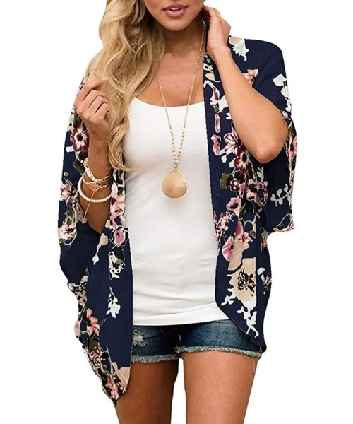 Cover-Ups Women's Cardigan Blouse Bikini Swimwear Beach Kimono Cover Up Blouse - Dark Blue - CU18NQH50ZS