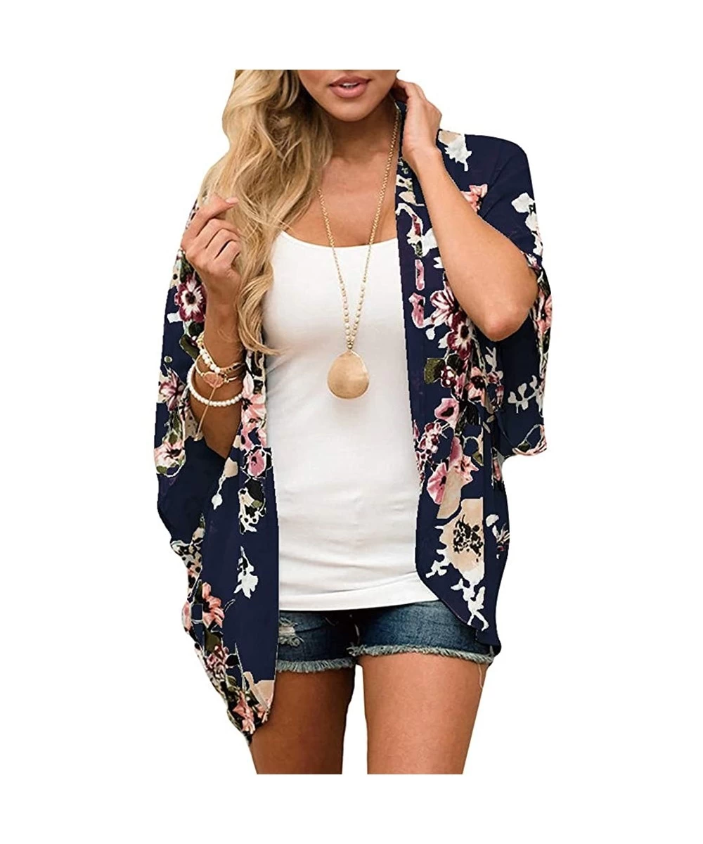 Cover-Ups Women's Cardigan Blouse Bikini Swimwear Beach Kimono Cover Up Blouse - Dark Blue - CU18NQH50ZS