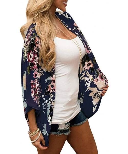 Cover-Ups Women's Cardigan Blouse Bikini Swimwear Beach Kimono Cover Up Blouse - Dark Blue - CU18NQH50ZS