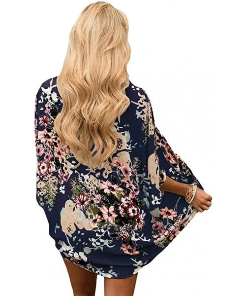 Cover-Ups Women's Cardigan Blouse Bikini Swimwear Beach Kimono Cover Up Blouse - Dark Blue - CU18NQH50ZS