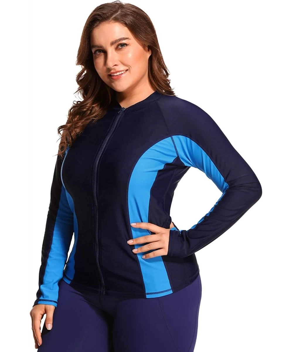 Rash Guards Women's Plus Size Long Sleeve Rash Guard UV Zip Swim Shirts Swimsuit Top - Navy/Blue - CU18EOCHCC3