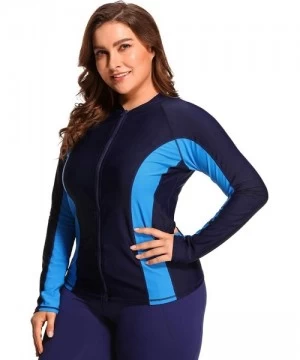 Rash Guards Women's Plus Size Long Sleeve Rash Guard UV Zip Swim Shirts Swimsuit Top - Navy/Blue - CU18EOCHCC3