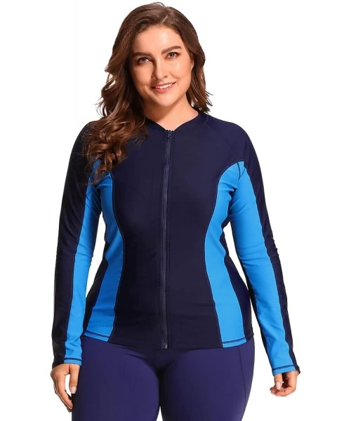 Rash Guards Women's Plus Size Long Sleeve Rash Guard UV Zip Swim Shirts Swimsuit Top - Navy/Blue - CU18EOCHCC3