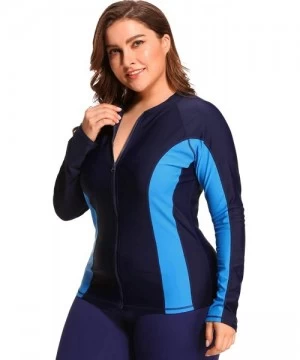 Rash Guards Women's Plus Size Long Sleeve Rash Guard UV Zip Swim Shirts Swimsuit Top - Navy/Blue - CU18EOCHCC3