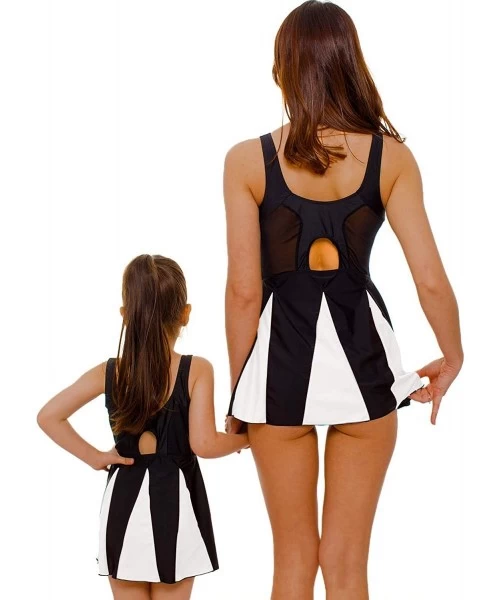 Cover-Ups Mesh One-Piece Mother and Daughter Matching Retro Swimdress with Shorts - Black and White-women - CM198C4E7K0