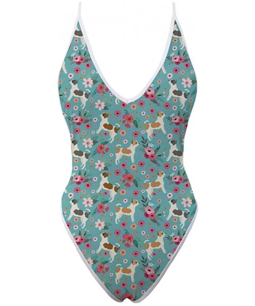 One-Pieces One Piece Deep Plunge High Waisted Bodysuits Animal Catahoula Flowers Printed Sleeveless Swimwear Suit for Women D...