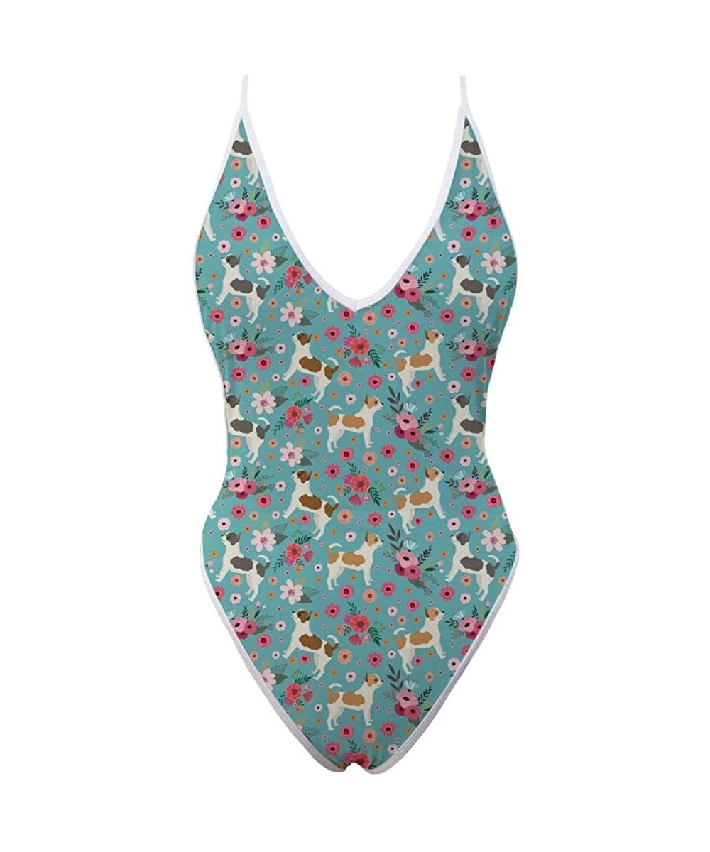 One-Pieces One Piece Deep Plunge High Waisted Bodysuits Animal Catahoula Flowers Printed Sleeveless Swimwear Suit for Women D...