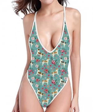 One-Pieces One Piece Deep Plunge High Waisted Bodysuits Animal Catahoula Flowers Printed Sleeveless Swimwear Suit for Women D...