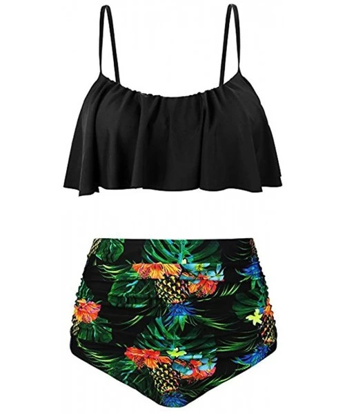 Sets Plus Size Bikini for Women Ruffle Swimsuit High Waisted Bottom Sunflower Print Swimwear Tankini - Green 2 - C418SYOW8O5