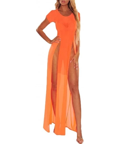 Cover-Ups Women's Sexy Lingerie Sleepwear Night Gown Mesh See Through Slit Maxi Dress Bikini Cover Up - Short-orange - C319DS...