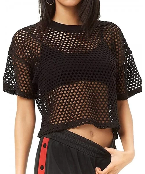 Cover-Ups Women's Mesh Cover Up See Through Fishnet T-Shirt Crop Top - 1-black - CN18DKS5OTQ