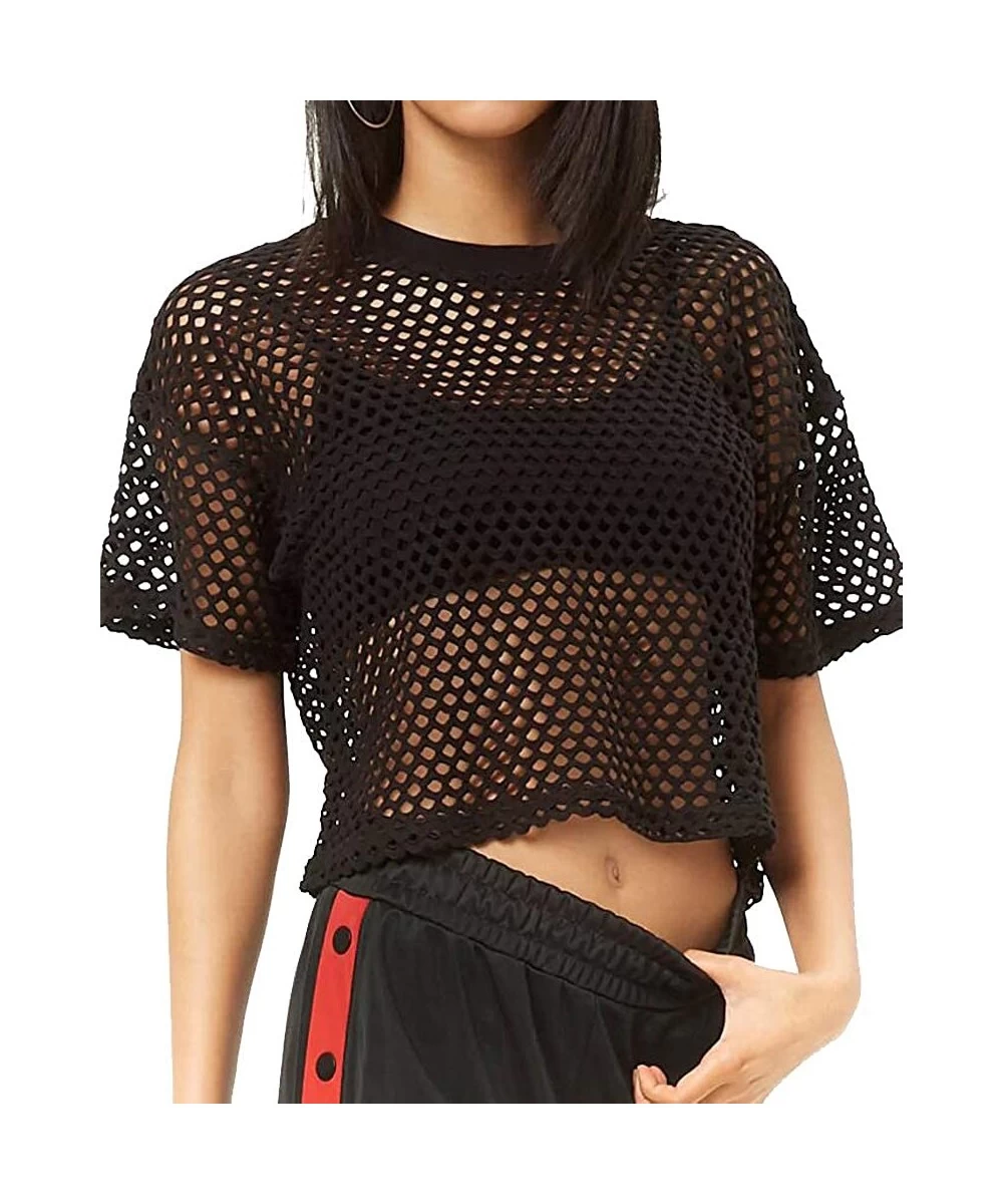 Cover-Ups Women's Mesh Cover Up See Through Fishnet T-Shirt Crop Top - 1-black - CN18DKS5OTQ