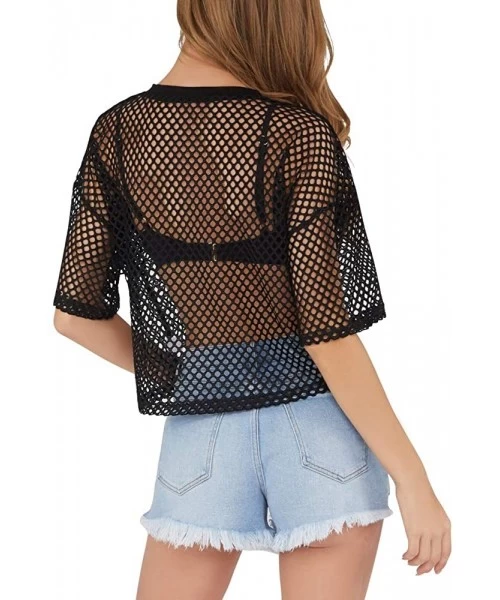 Cover-Ups Women's Mesh Cover Up See Through Fishnet T-Shirt Crop Top - 1-black - CN18DKS5OTQ