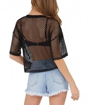 Cover-Ups Women's Mesh Cover Up See Through Fishnet T-Shirt Crop Top - 1-black - CN18DKS5OTQ