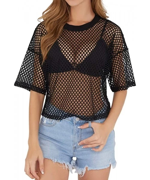 Cover-Ups Women's Mesh Cover Up See Through Fishnet T-Shirt Crop Top - 1-black - CN18DKS5OTQ