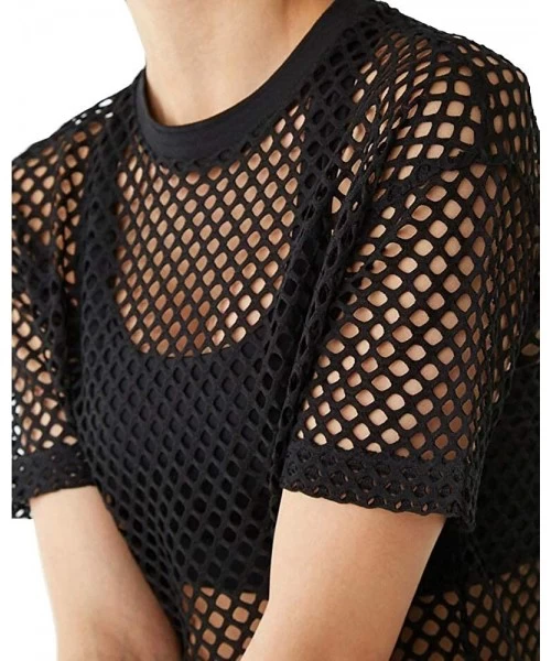 Cover-Ups Women's Mesh Cover Up See Through Fishnet T-Shirt Crop Top - 1-black - CN18DKS5OTQ