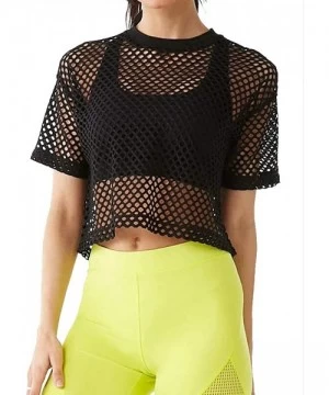 Cover-Ups Women's Mesh Cover Up See Through Fishnet T-Shirt Crop Top - 1-black - CN18DKS5OTQ