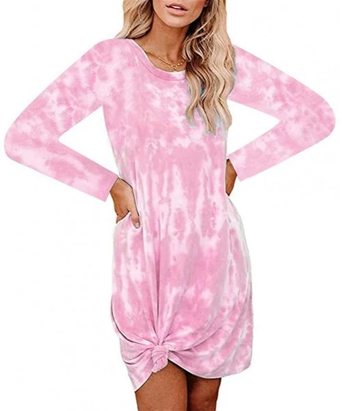 Cover-Ups Womens Casual V Neck Long Sleeve Tshirt Dresses Side Knot Mini Dress - 3pink - CG19DL0M8M5