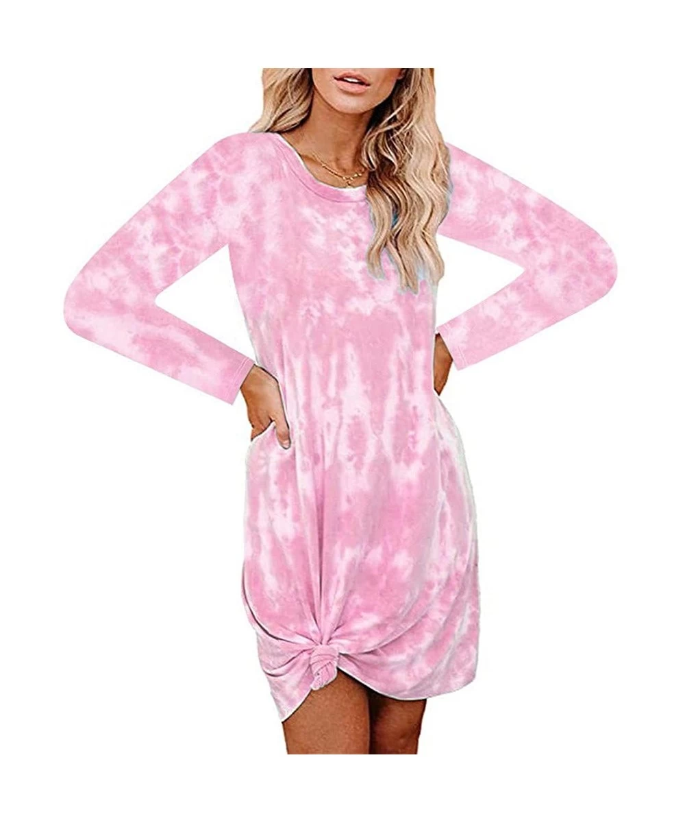 Cover-Ups Womens Casual V Neck Long Sleeve Tshirt Dresses Side Knot Mini Dress - 3pink - CG19DL0M8M5