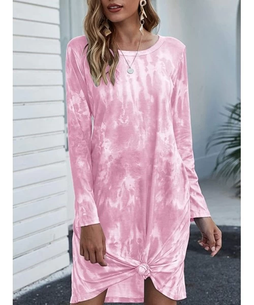 Cover-Ups Womens Casual V Neck Long Sleeve Tshirt Dresses Side Knot Mini Dress - 3pink - CG19DL0M8M5