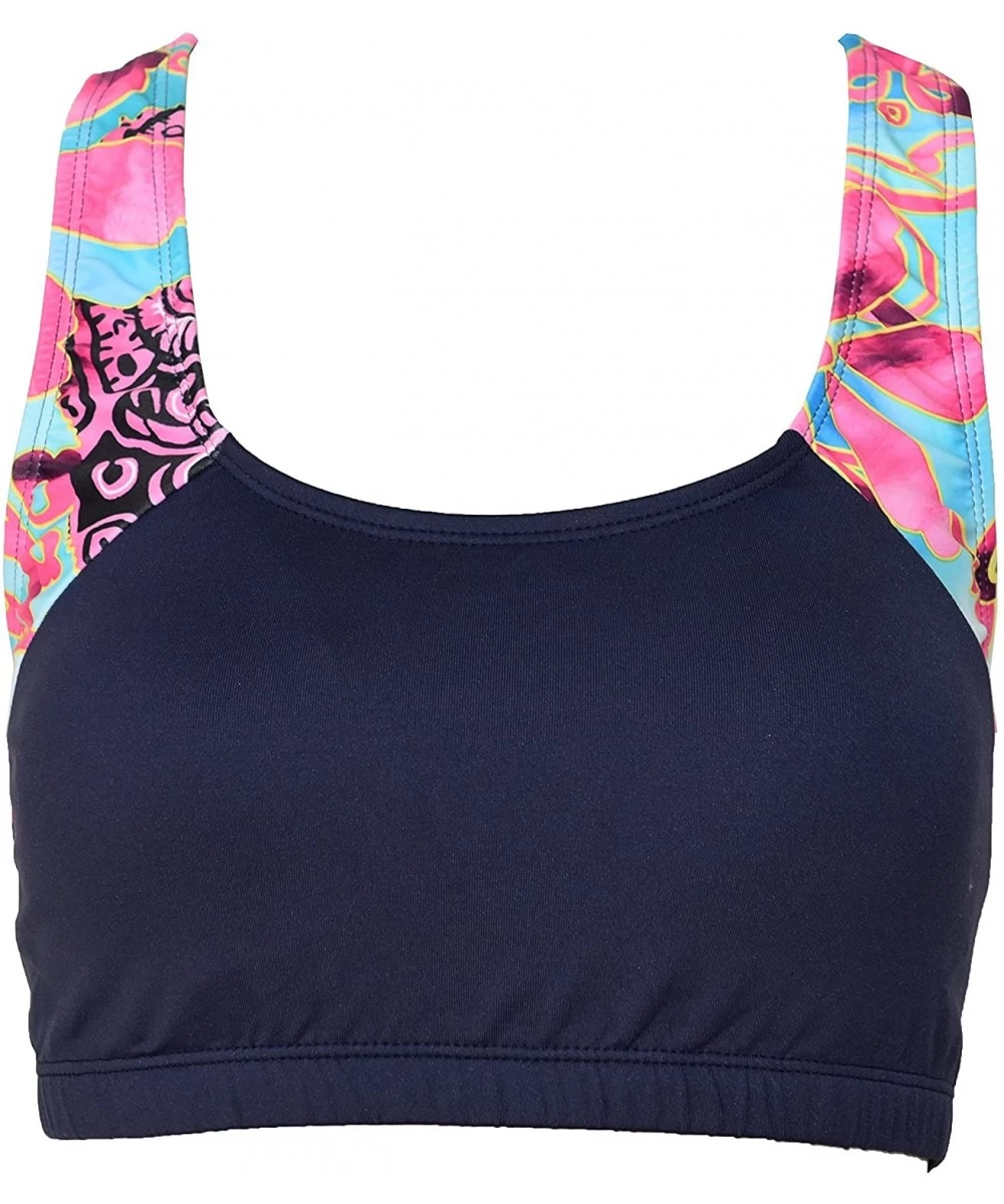 Rash Guards Women Plus Size UPF 50+ Swim Raglan Tank Bra Top Rash Guard - Navy With Skyblue Pink - CG183AQSQ9G