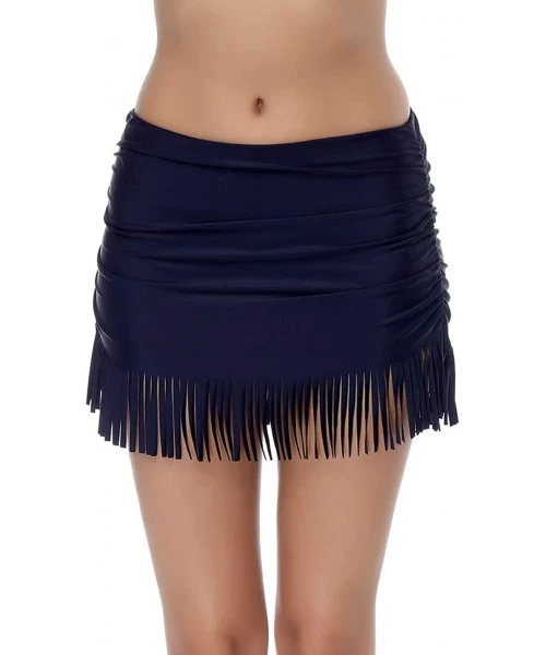 Bottoms Women's Pleated Bikini Bottom Skort Fringed Swim Skirt with Brief - Navy - CD18UKS0QAZ