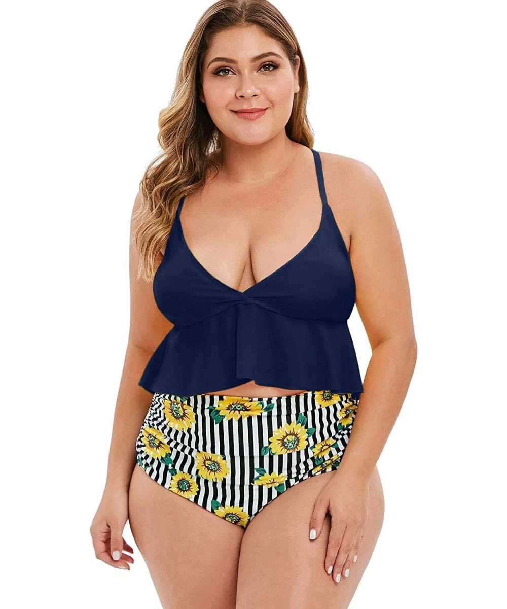 Sets Summer Women's Comfortable and Sexy Plus Size Low Cut Sunflower Print Bikini Set - Cadetblue - C718U2E3RZE