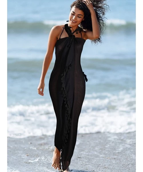 Cover-Ups 2 Pieces Women Beach Tassel Sarong Swimsuit Beach Swimwear Wrap Cover up Pareo with Tassel Black - CZ195T3M9U3