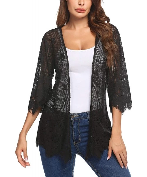 Cover-Ups Women Casual Kimono 3 4 Sleeve Cover Up Crochet Lace Cardigans - Black - C11900U74R5