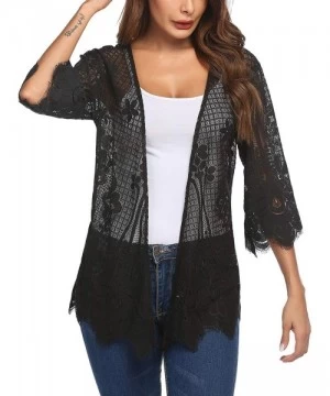 Cover-Ups Women Casual Kimono 3 4 Sleeve Cover Up Crochet Lace Cardigans - Black - C11900U74R5