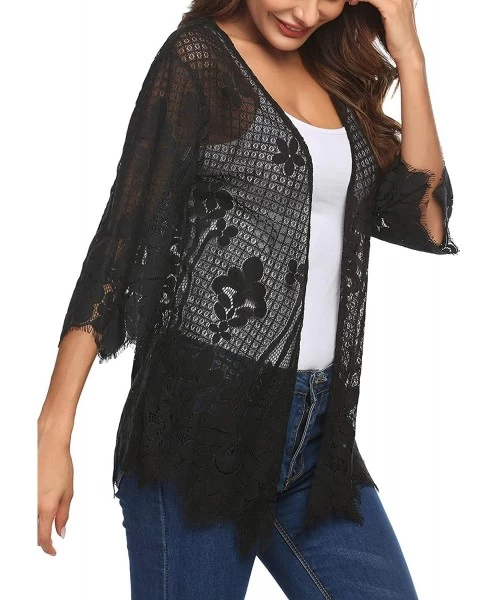 Cover-Ups Women Casual Kimono 3 4 Sleeve Cover Up Crochet Lace Cardigans - Black - C11900U74R5