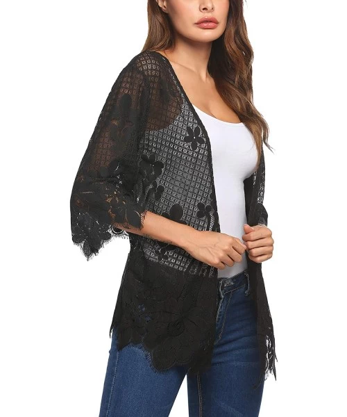 Cover-Ups Women Casual Kimono 3 4 Sleeve Cover Up Crochet Lace Cardigans - Black - C11900U74R5