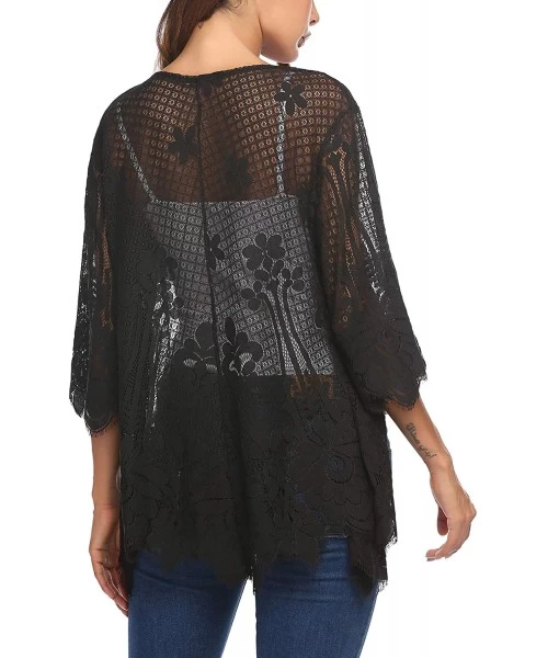 Cover-Ups Women Casual Kimono 3 4 Sleeve Cover Up Crochet Lace Cardigans - Black - C11900U74R5