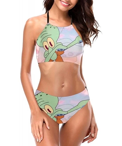 Sets Womens Halter Bikini Set Squidward Tentacles Rainbow Print Swimsuits Padded Swimwear Bathing Suit - CL18AGHMN45