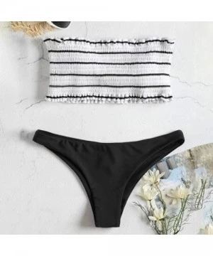 Sets Women's Two Piece Stripe Strapless High Cut Bandeau Bikini Set Swimsuit 2 Piece - Black - CO18O4ADZL2