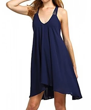 Cover-Ups Sling Dress Women Summer Round Neck Loose Casual Sleeveless Solid Color Elegant Simple Swing Sundress - 11-navy - C...