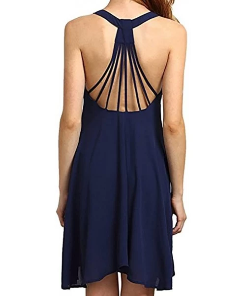 Cover-Ups Sling Dress Women Summer Round Neck Loose Casual Sleeveless Solid Color Elegant Simple Swing Sundress - 11-navy - C...