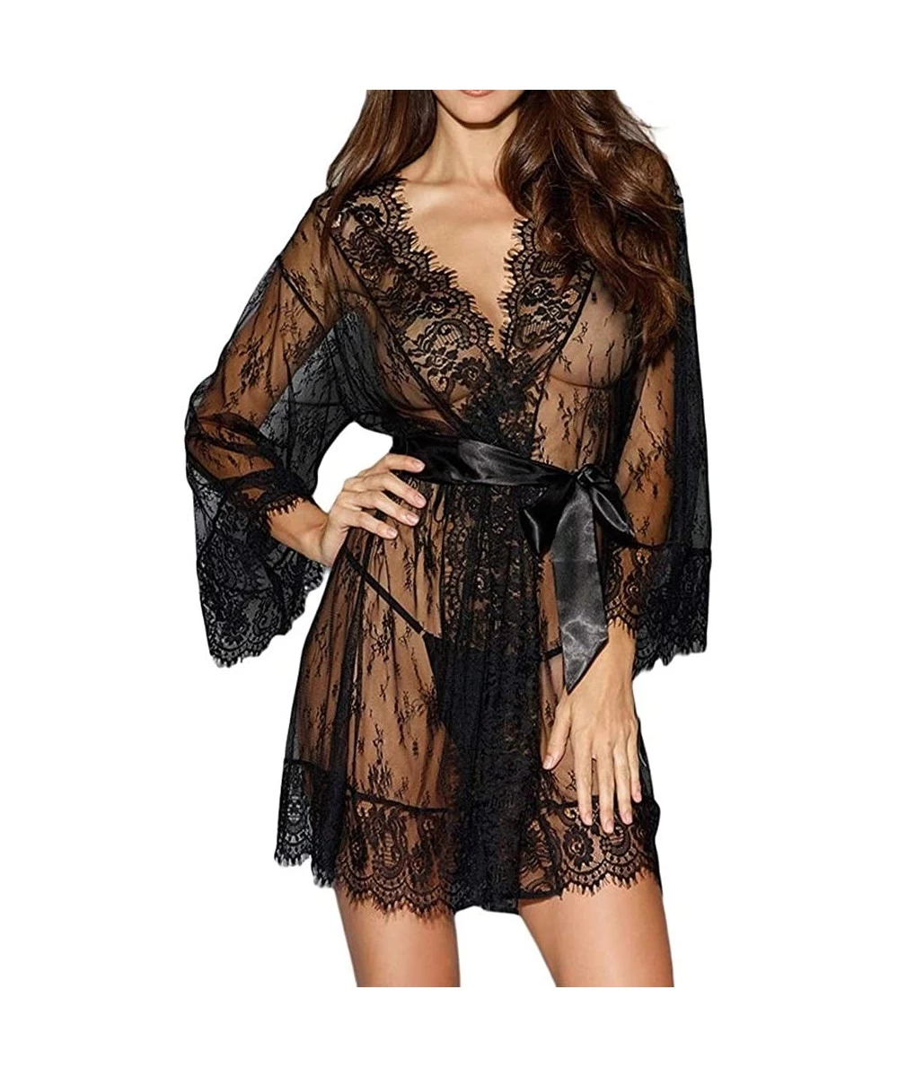 Cover-Ups Women's Lace Beach Cover Up Floral Crochet Bikini Swimwear Cardigan Sexy Open Dresses - Bblack - CR1992S4OKZ