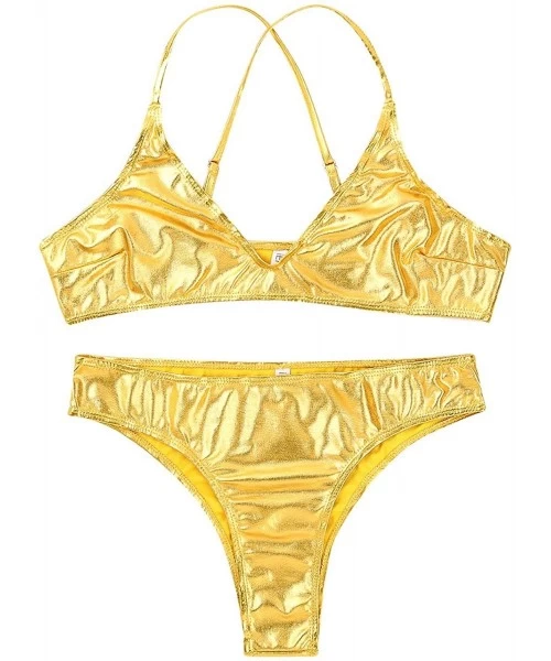 Sets Woman Metallic Liquid 2 Piece Bikini Swimsuit Bathing Suits Strappy Bra Top G-String Thong Lingerie Set - Gold - CM18UYL...