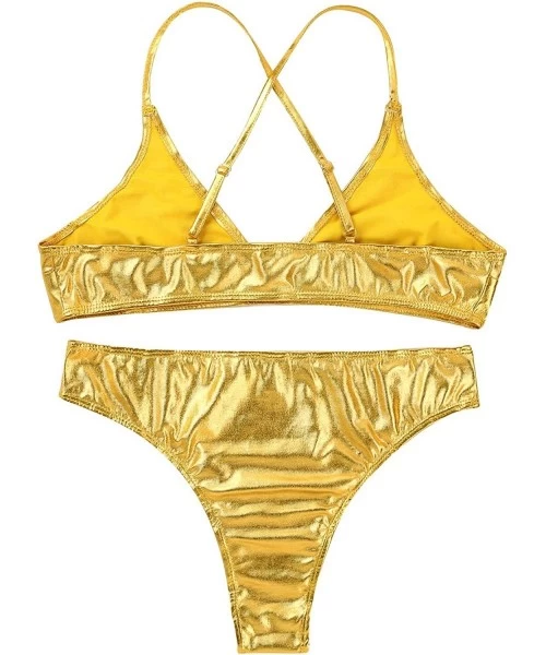 Sets Woman Metallic Liquid 2 Piece Bikini Swimsuit Bathing Suits Strappy Bra Top G-String Thong Lingerie Set - Gold - CM18UYL...