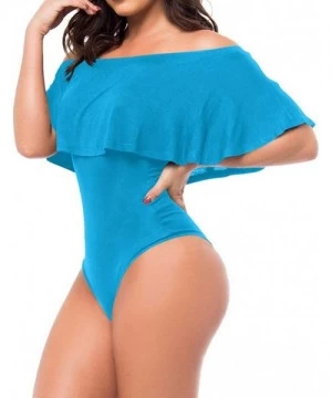 Sets Women's Off Shoulder Ruffle Bodysuit Leotards Rompers Jumpsuits - C-lake Blue - CS190N49RS7