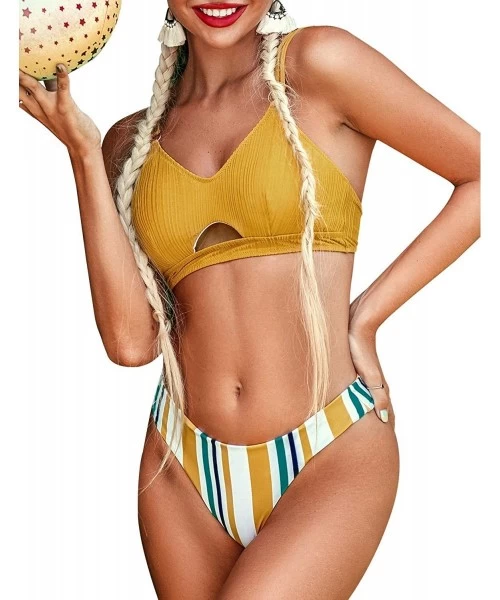 Sets Women's Low Rise Bikini Set V Neck Front Cutout Double Straps Two Piece Swimsuits - Lemon Yellow - C2194UYS88N