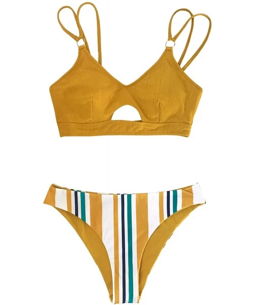 Sets Women's Low Rise Bikini Set V Neck Front Cutout Double Straps Two Piece Swimsuits - Lemon Yellow - C2194UYS88N