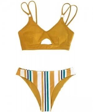 Sets Women's Low Rise Bikini Set V Neck Front Cutout Double Straps Two Piece Swimsuits - Lemon Yellow - C2194UYS88N