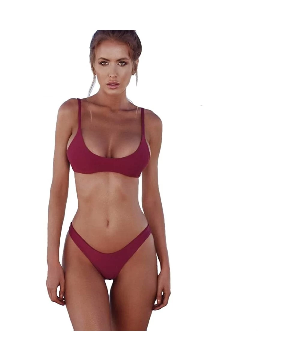 Sets High-Waist Sexy Bikini Stylish Color Avant-Garde Design Bikini Swimsuit - Wine-red - CL18U9SGIMX